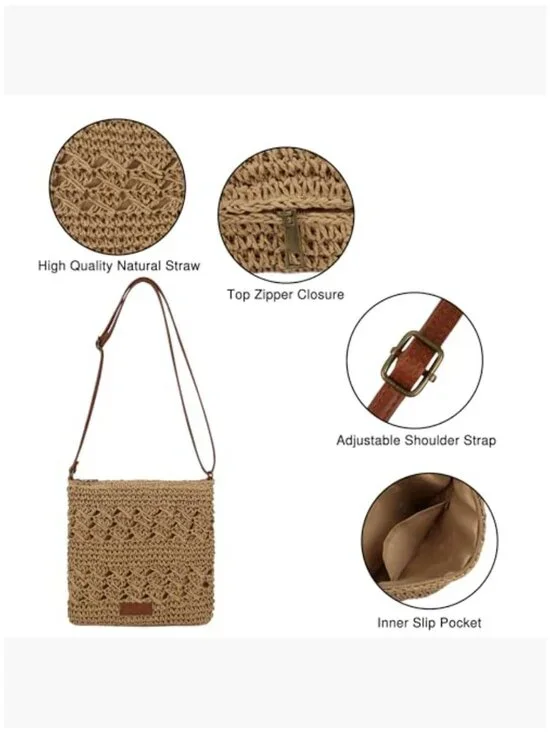 Handwoven Straw Crossbody Shoulder Bag with Leather Strap - Picture 3 of 6